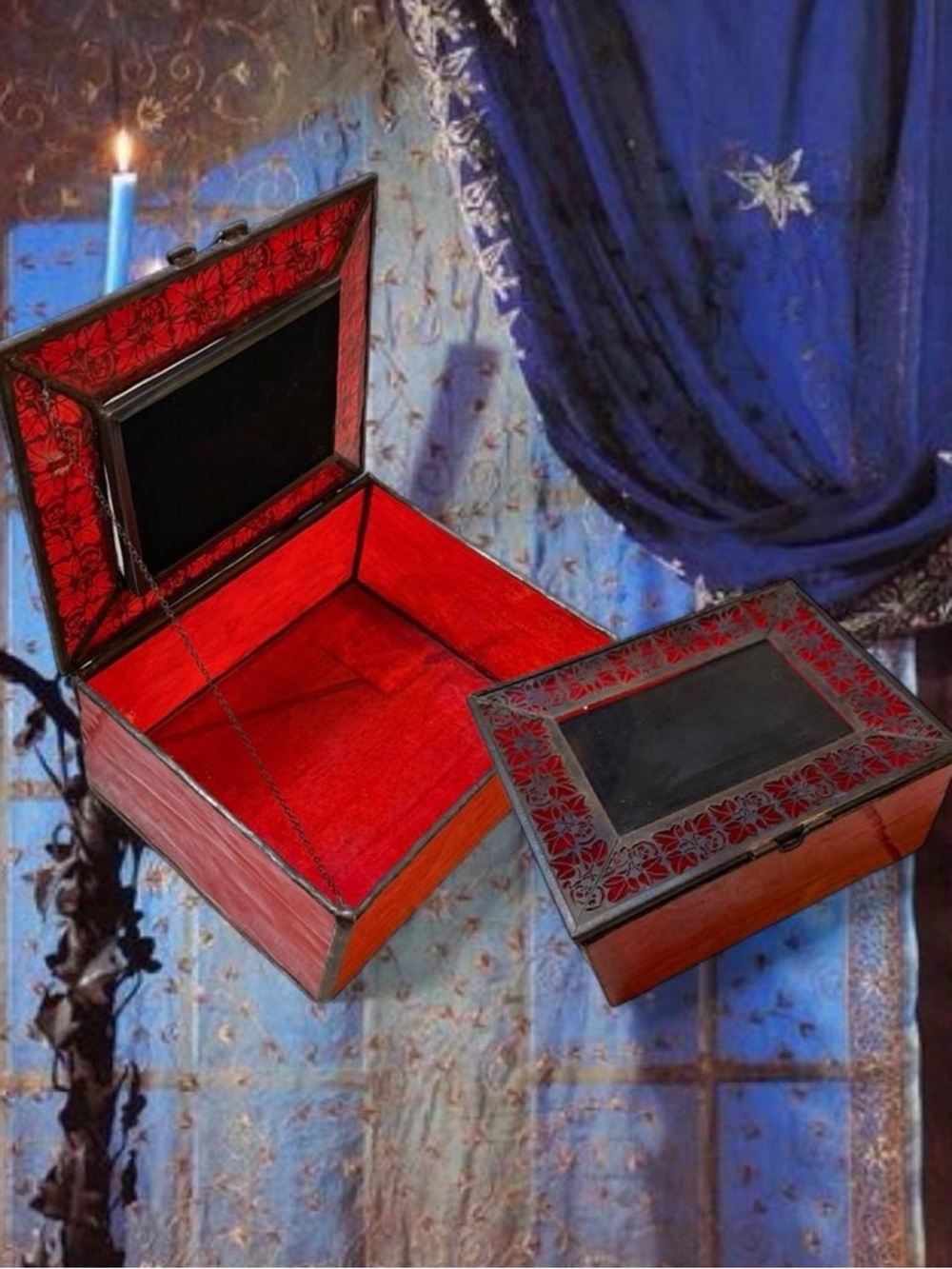 Vintage Antique Rare Whimsygoth Medieval Red Stained Glass & Metal Frame Box